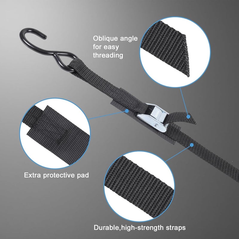 EXVITAL Tie Down Straps with Hook Cam Buckle Straps 1" x 8’ 1200lbs Break Strenght with Extra Soft Loops for Motorcycle, Kayak, ATVs, Dirt Bike, Truck, Car Black 2 Pack - Image 4